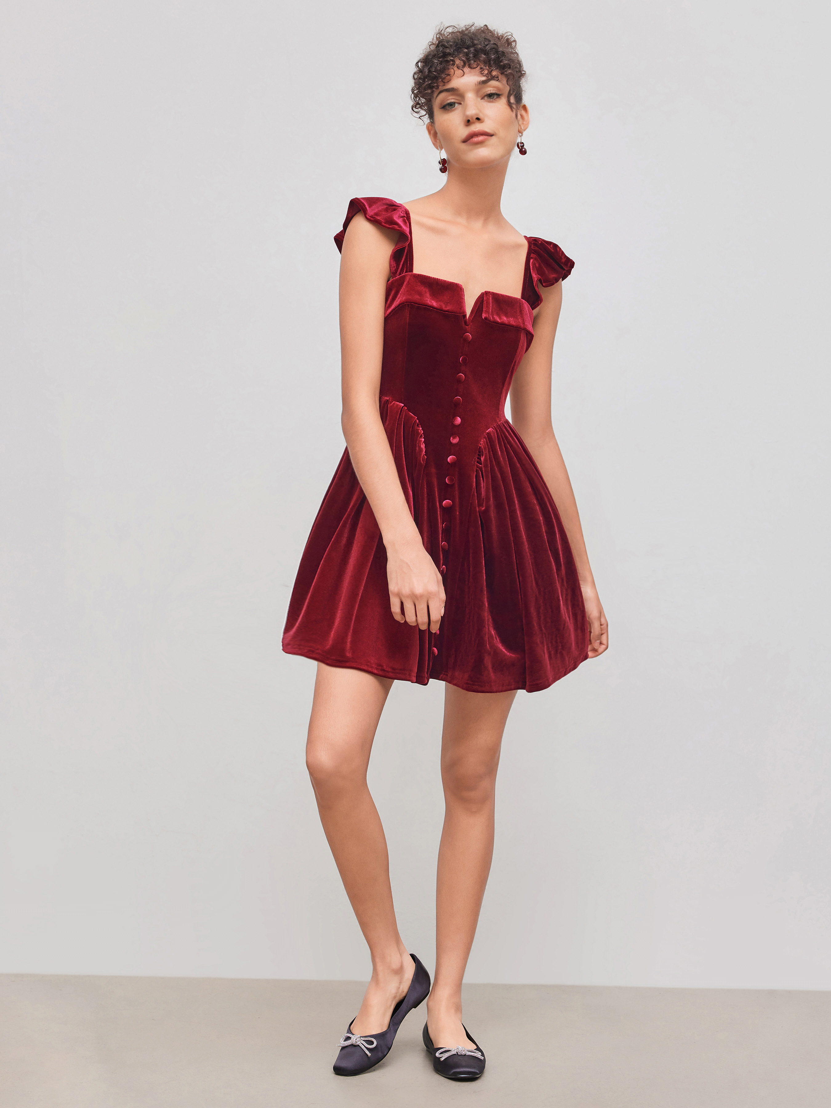 Velvet Velvet Square Neck Solid Ruffle Zipper Mini Dress For