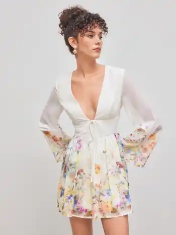 V-Ausschnitt Blumenmuster Knopfloch Rüschen Mini Kleid