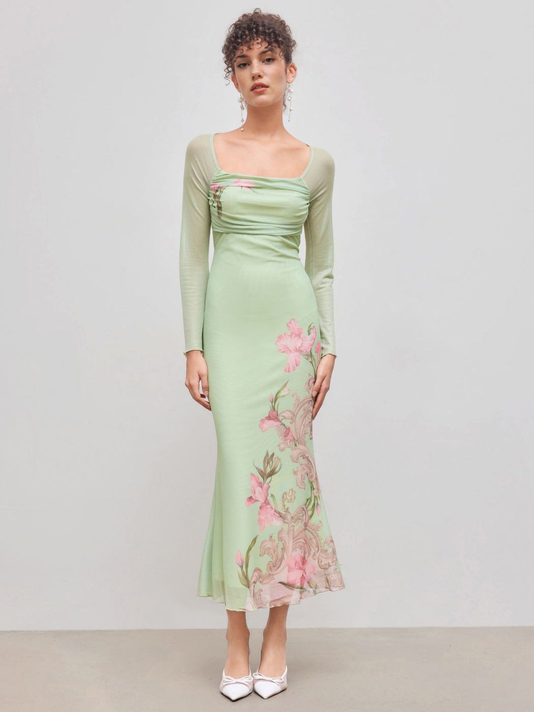 Mesh Square Neckline Floral Knotted Backless Midi Dress