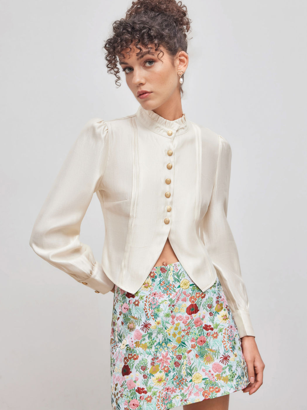 High Neck Solid Button Lettuce Trim Long Sleeve Blouse