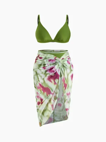Set Bikini con Braccialetto a V con Sarong Tie-Dye Twist Coprente Curve & Plus