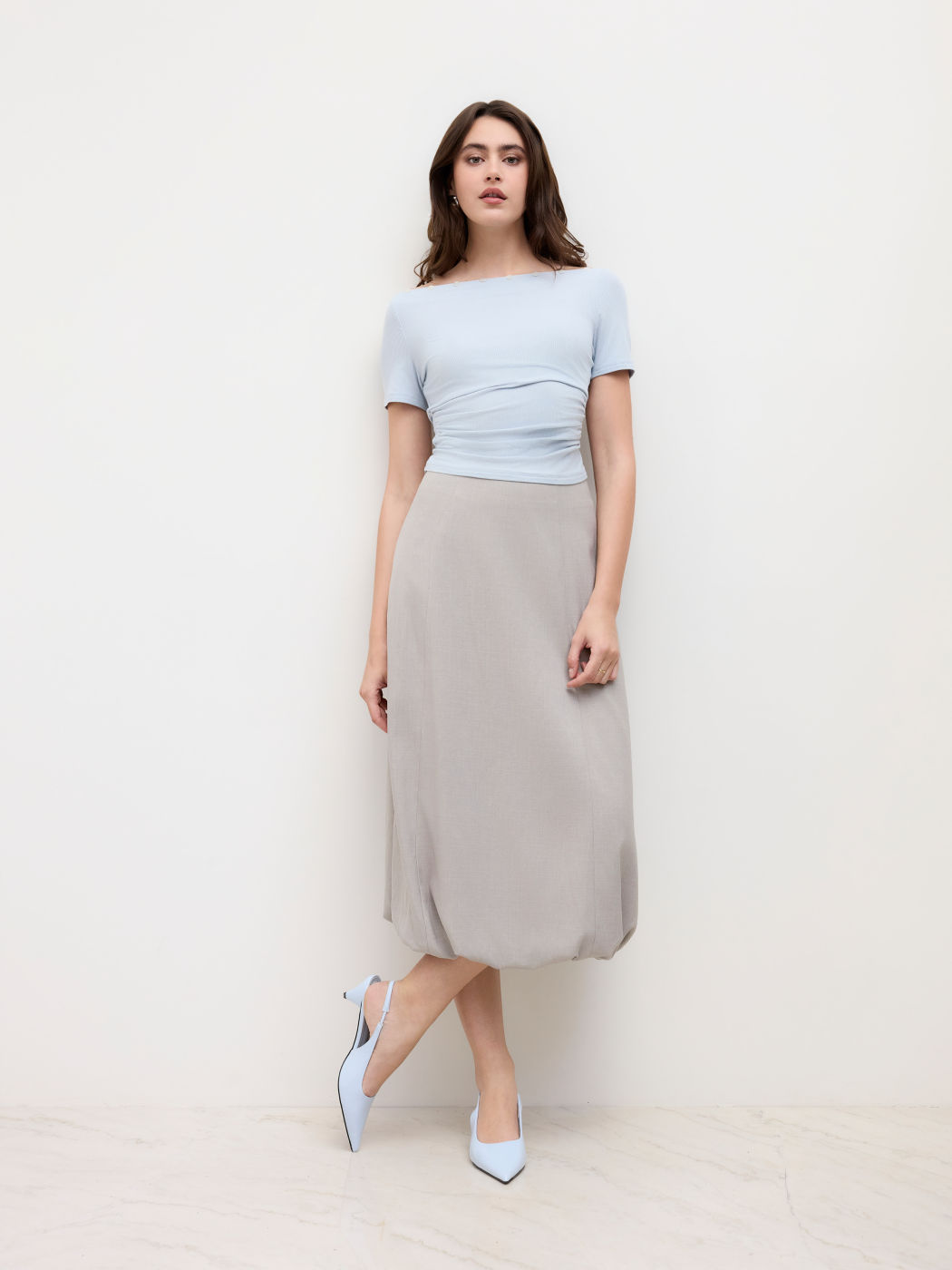 Mid Rise Bubble Hem Midi Skirt