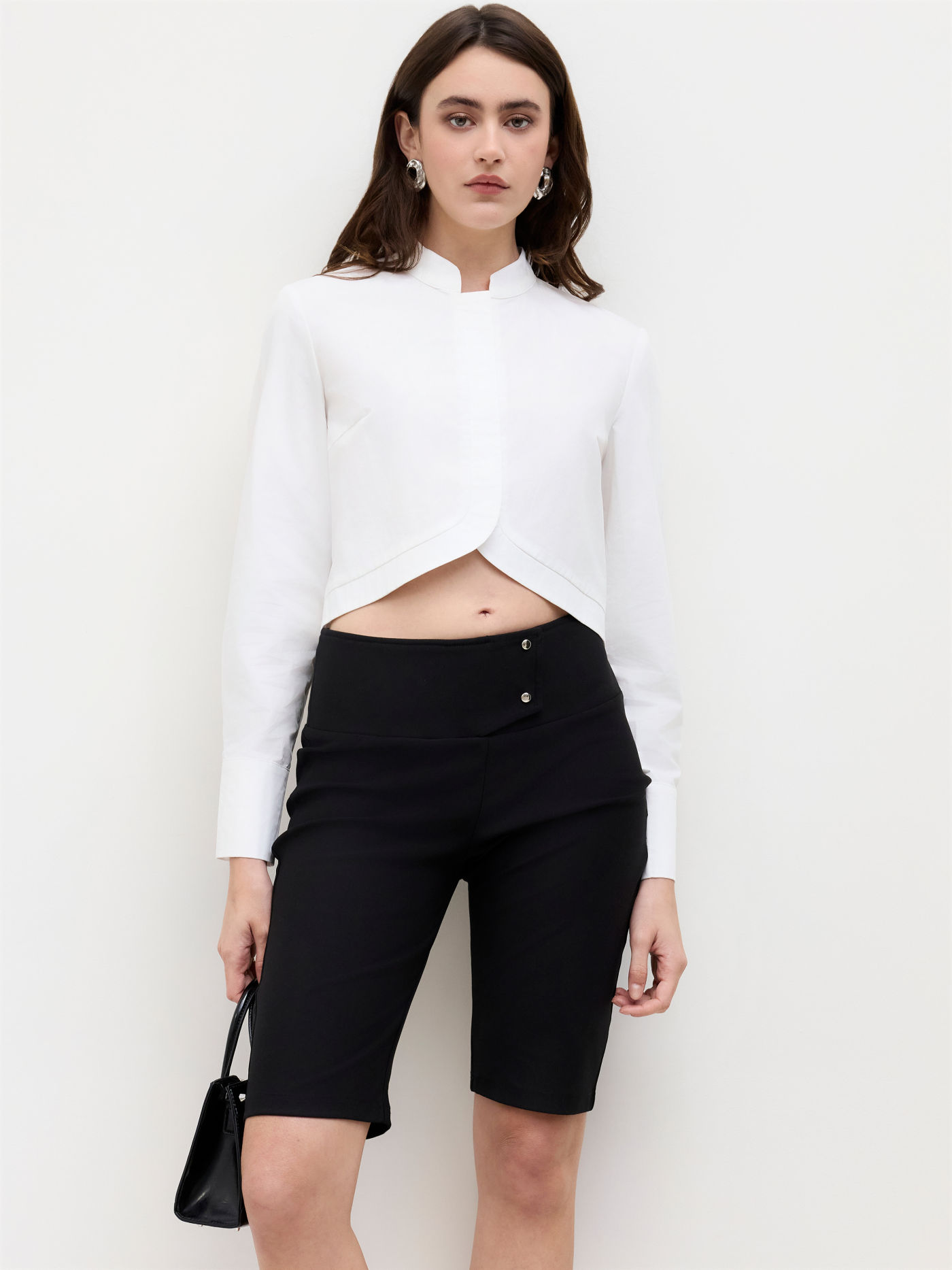 100% Cotton Stand Collar Button Up Crop Shirt