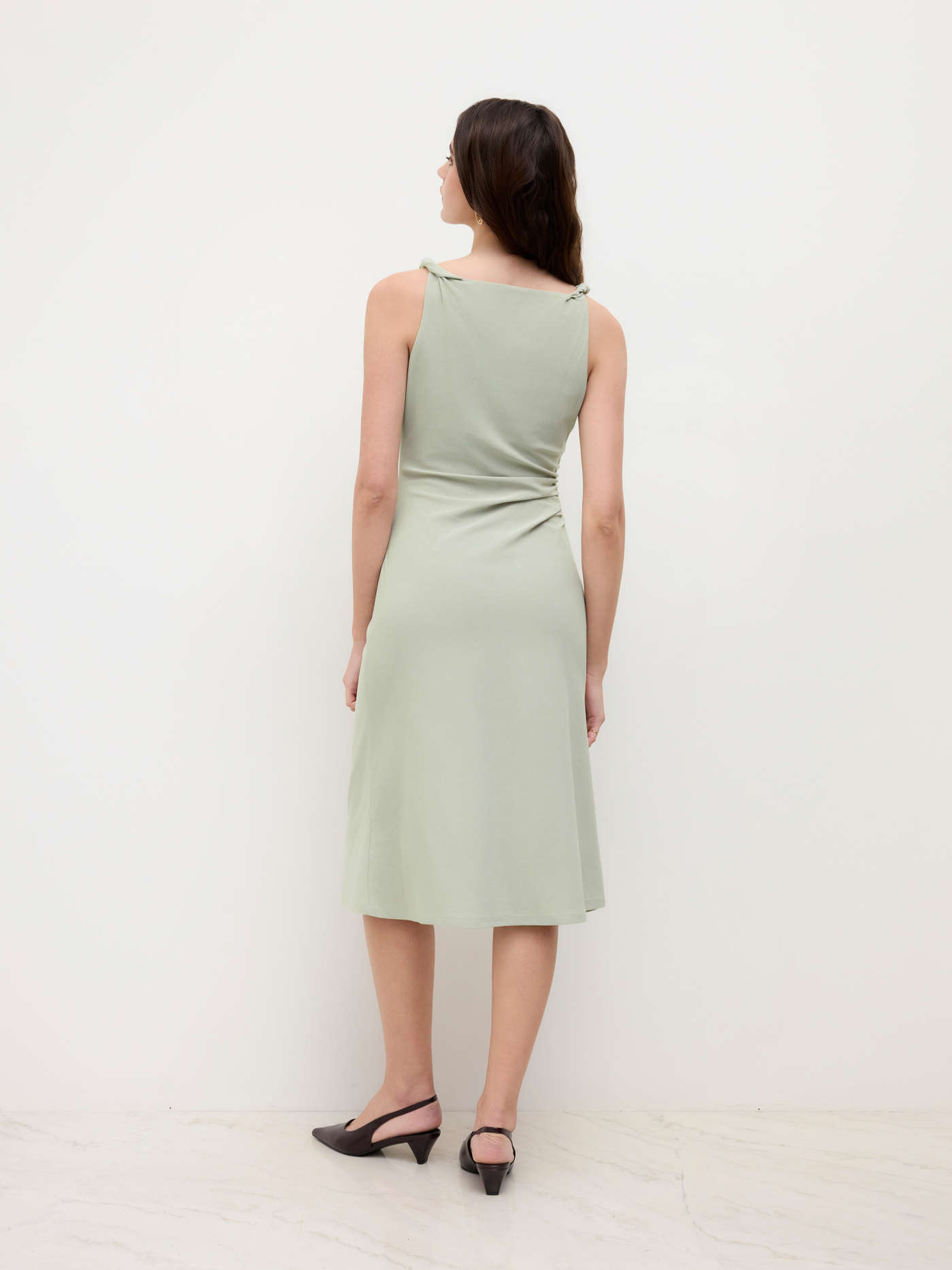 Boat Neck Twist Ruched Midi Dress