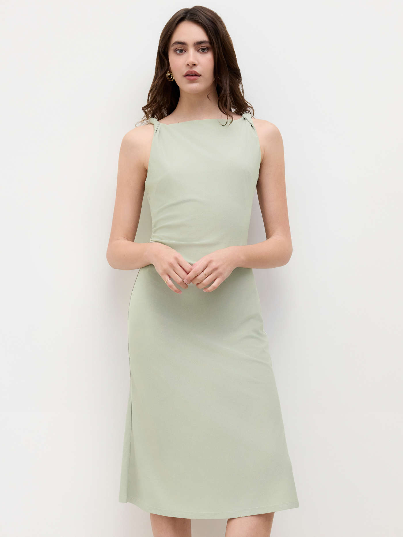 Boat Neck Twist Ruched Midi Dress