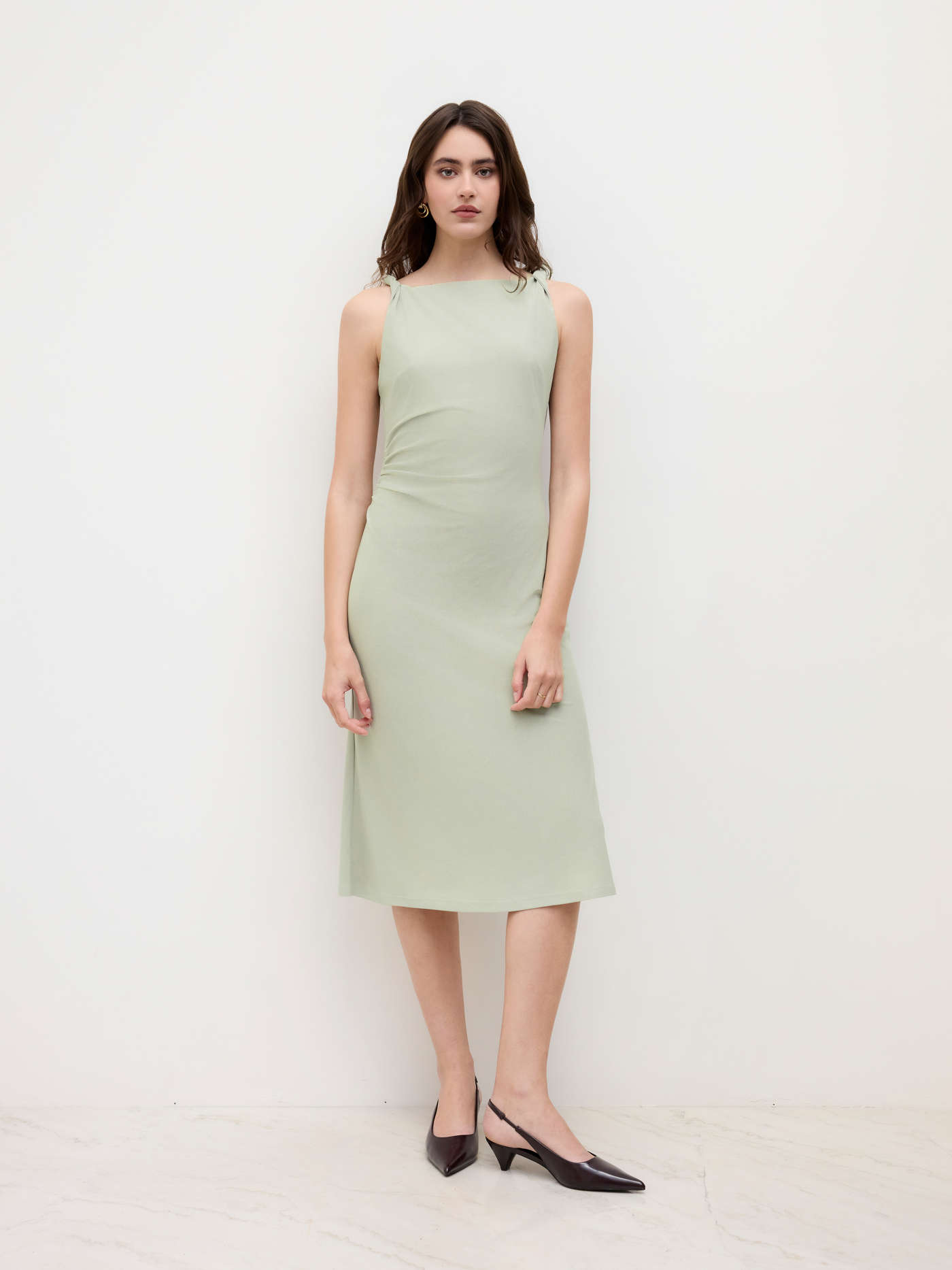 Boat Neck Twist Ruched Midi Dress