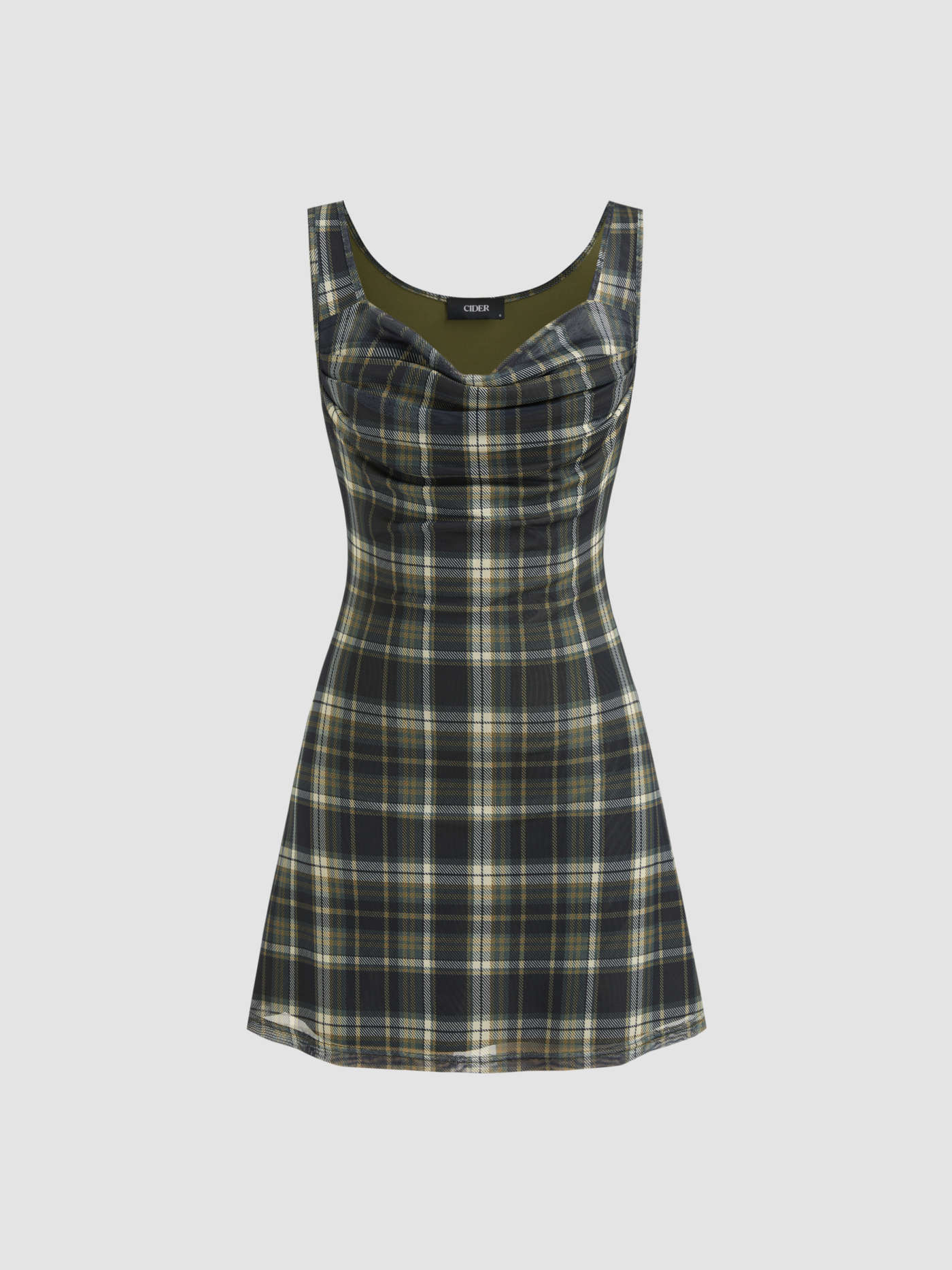 Mesh Asymmetrical Neck Plaid Ruched Mini Dress