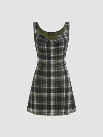 Mesh Asymmetrical Neck Plaid Ruched Mini Dress