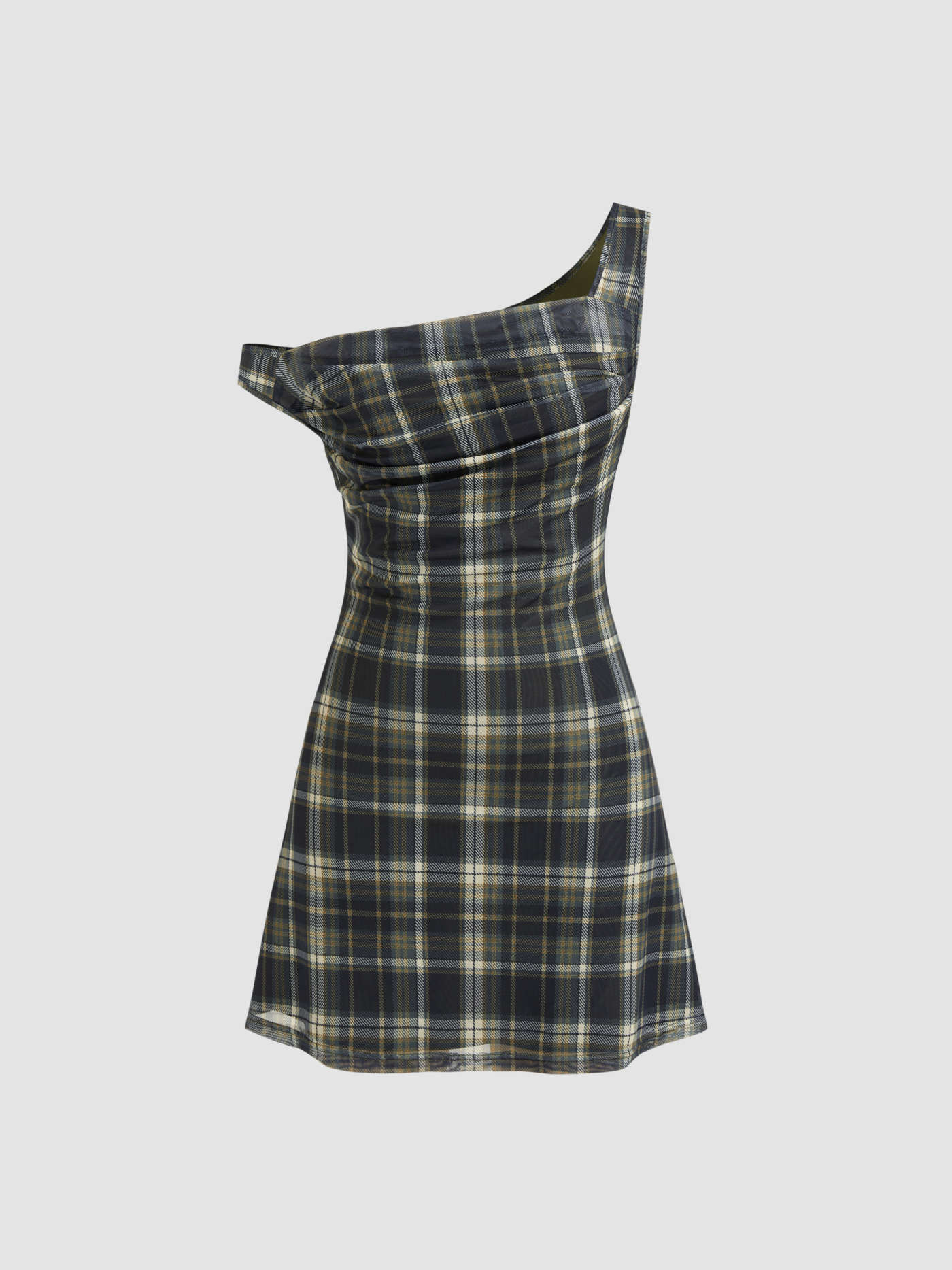Mesh Asymmetrical Neck Plaid Ruched Mini Dress