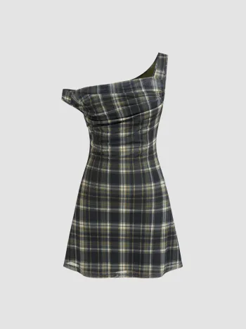 Mesh Asymmetrical Neck Plaid Ruched Mini Dress