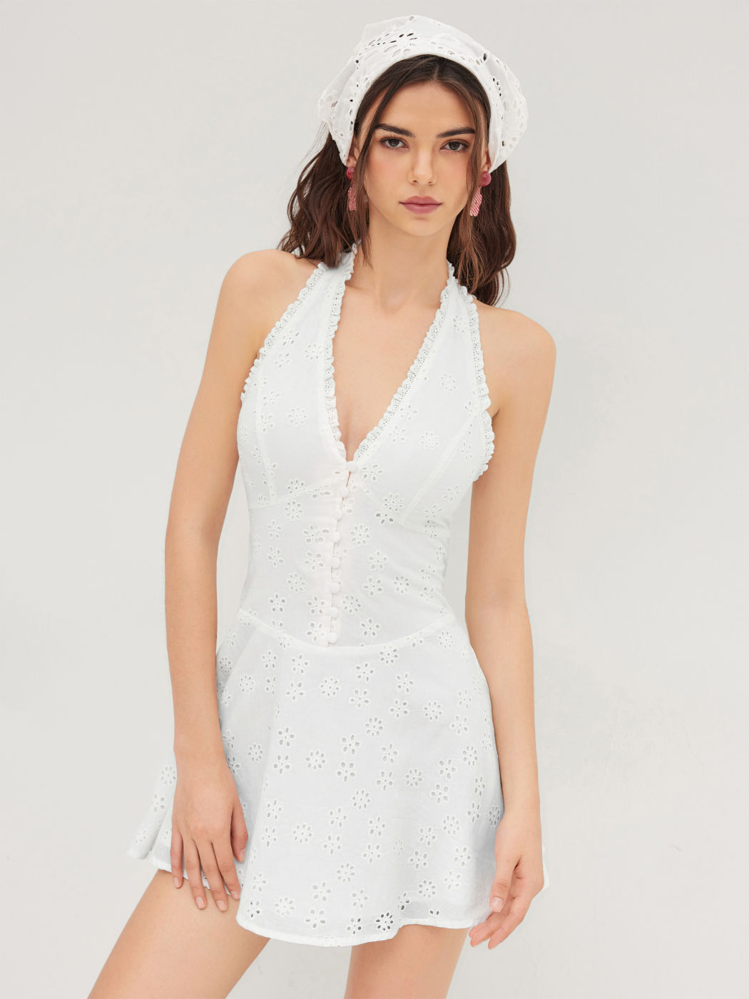 Cotton V-neck Halter Broderie Anglaise Mini Dress