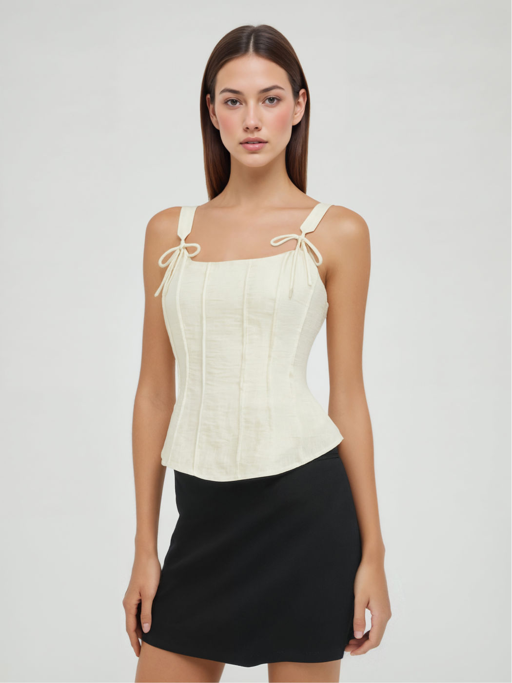 Linen-blend U-neckline Knotted Pleated Cami Top