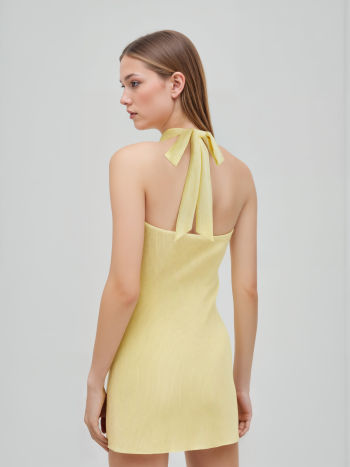 Halter Neckline Lettuce Trim Knotted Mini Dress