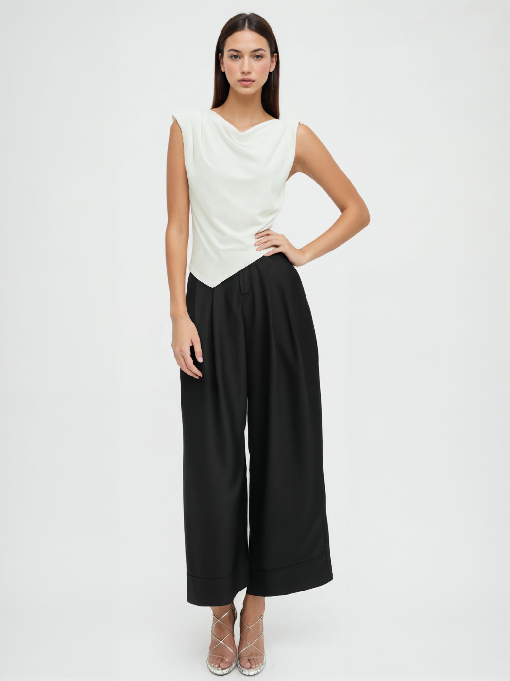 Cotton-blend Cowl Neck Asymmetrical Hem Top