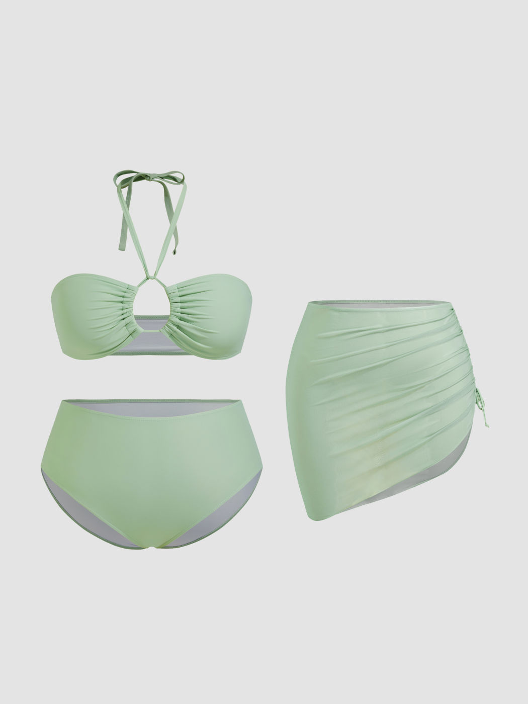 Halter Neckline Cut Out Full Coverage Bikini Set With Drawstring Sarong Curve & Plus