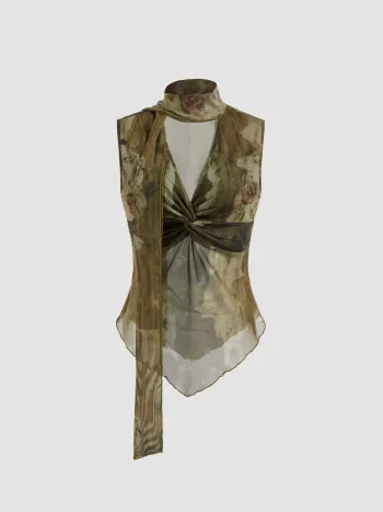 Mesh Floral Twist Lettuce Trim Tank Top With Scarf