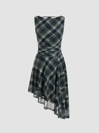 Boat Neck Backless Plaid Ruched Asymmetrical Hem Midi Dress
