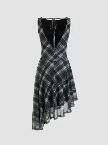 Boat Neck Backless Plaid Ruched Asymmetrical Hem Midi Dress