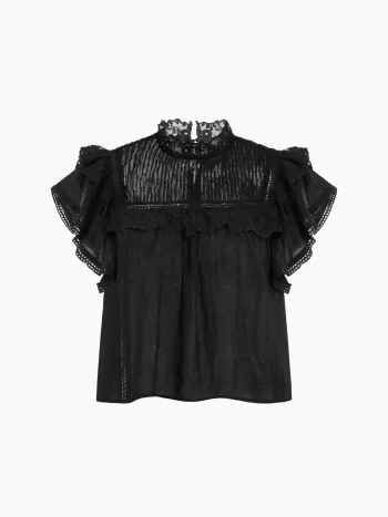 Übergrößte Bluse mit Stehkragen, Spitzenrand und Rüschen