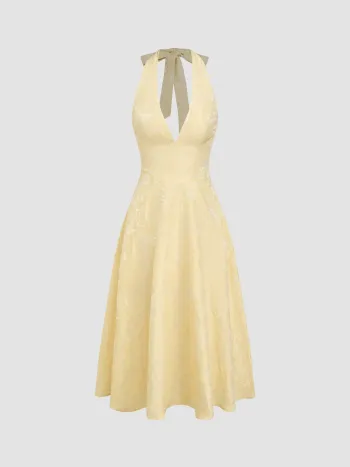 Jacquard Halter Neckline Floral Lace Up Maxi Dress