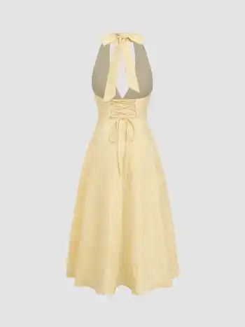 Jacquard Halter Neckline Floral Lace Up Maxi Dress