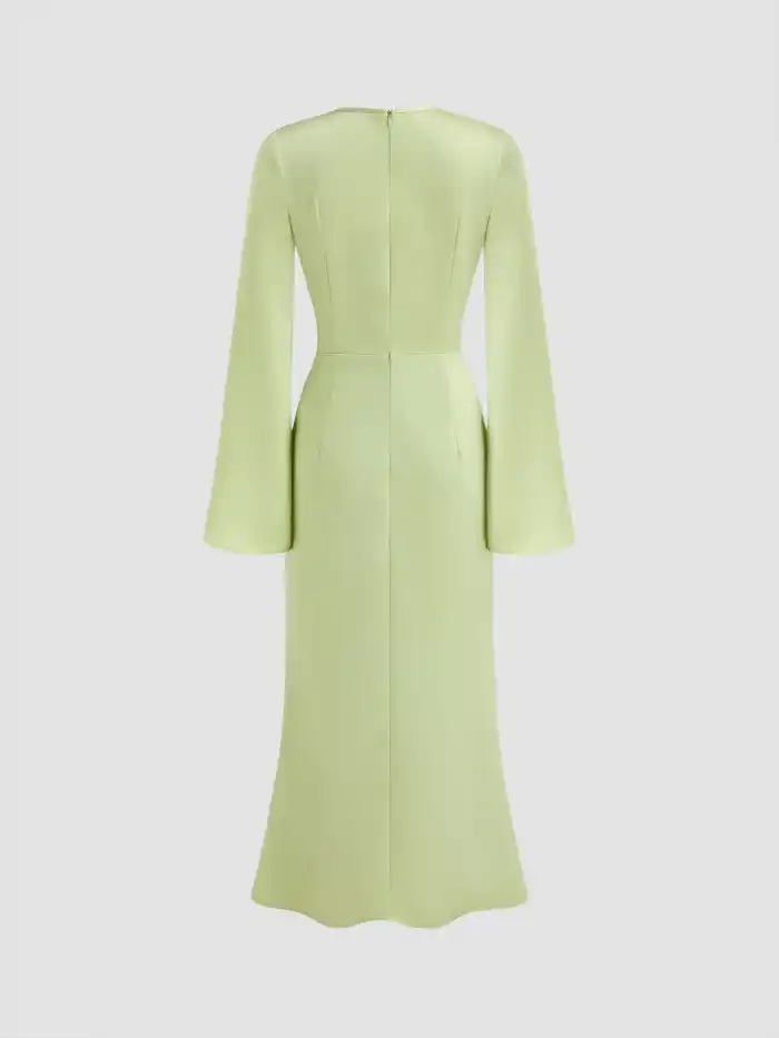 Satin Boat Neck Asymmetrical Sleeve Ruched Metal Detail Maxi Dress