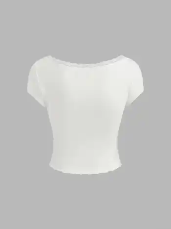 V-neck Lace Lettuce Trim Short Sleeve Tee