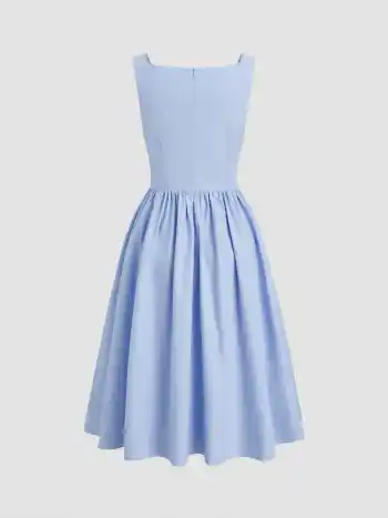 100% Cotton Cowl Neck Ruffle Zipper Midi Dress