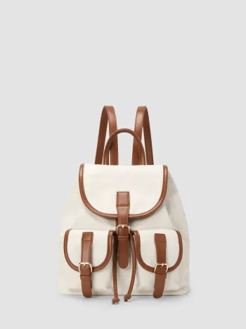 TWO-TONE MULTI-POCKET ADJUSTABLE STRAP CANVAS & FAUX LEATHER BACKPACK