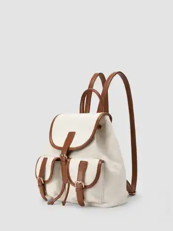 TWO-TONE MULTI-POCKET ADJUSTABLE STRAP CANVAS & FAUX LEATHER BACKPACK