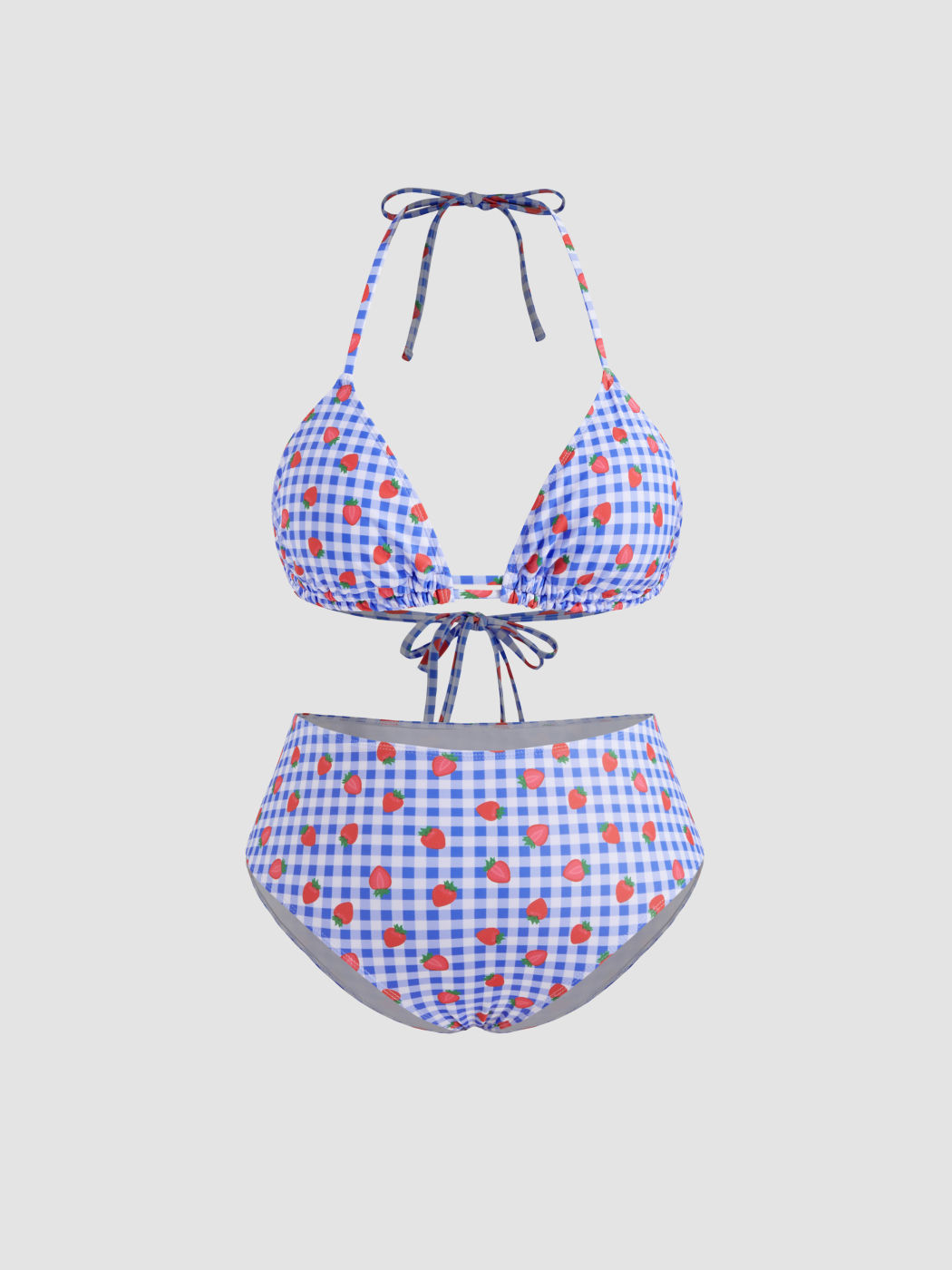 V-neck Gingham Strawberry Knotted Halter Full Coverage Bikini Set Curve & Plus