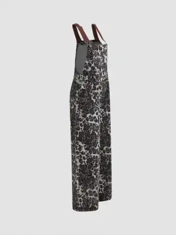 Denim Leopard Pocket Buckle Up Wide Leg Oversized Jumpsuit
