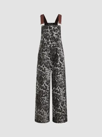 Denim Leopard Pocket Buckle Up Wide Leg Oversized Jumpsuit