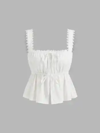100% Baumwolle Broderie Anglaise Binde-Front-Bows Oberteil & Voluminöse 100% Baumwolle Mittelhöhe Knopf-Ruffle Midi-Skirt