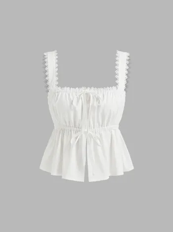 100% Cotton Square Neck Broderie Anglaise Tie Front Bow Top