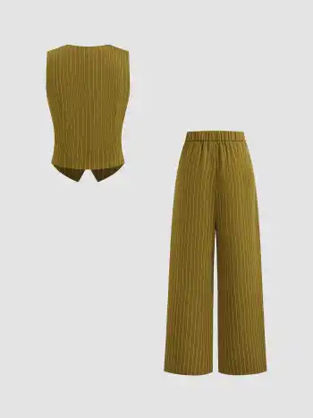 V-Ausschnitt Streifen Knopf Tanktop & Mittelhohe Taschen Gerade Beine Hosen Set