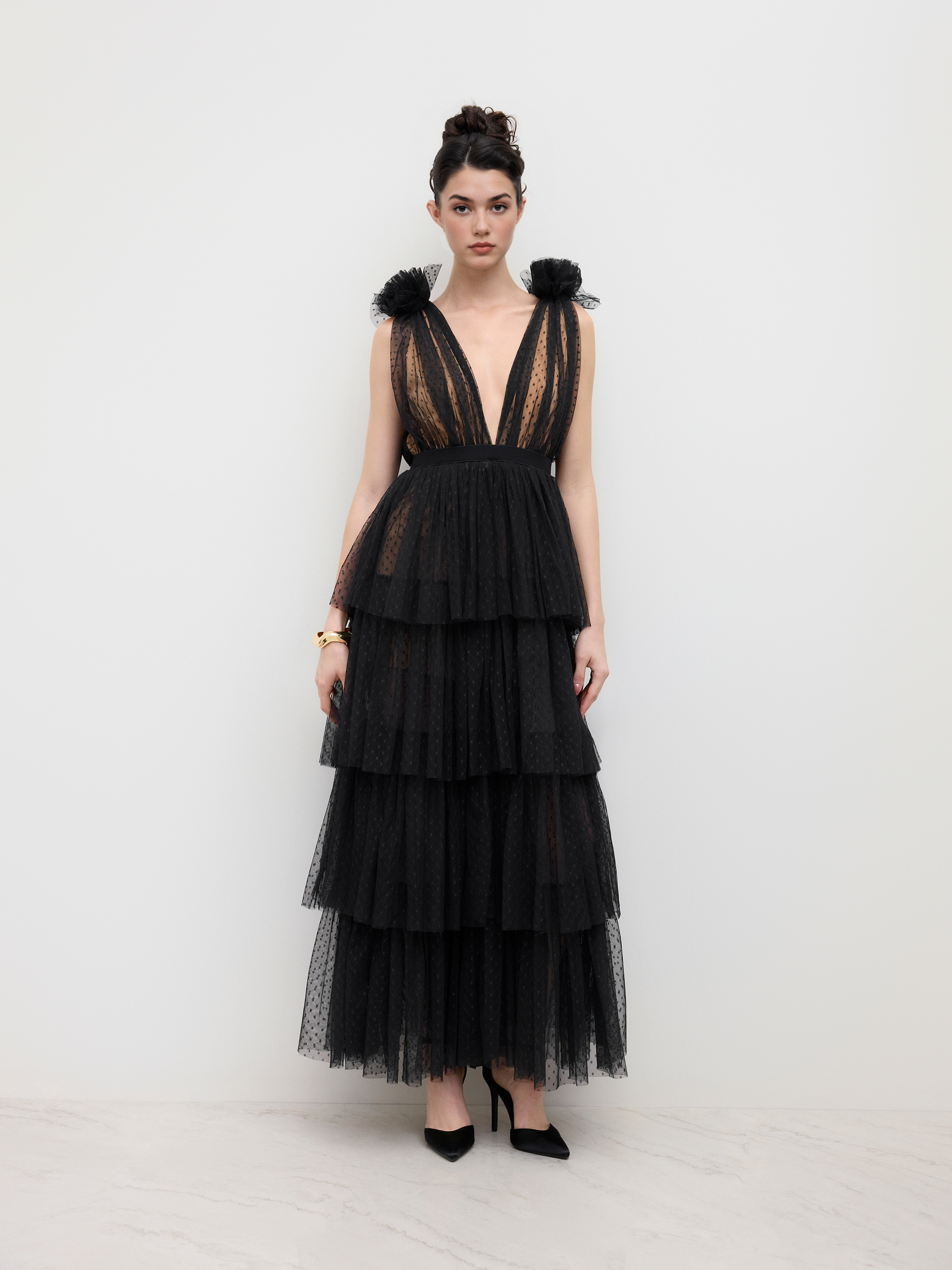 レース レースラウンドネック花柄スプリットロゼットノット