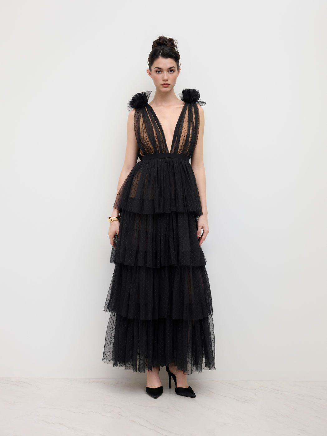 Mesh V-neck Polka Dot Tulle Layered Maxi Dress