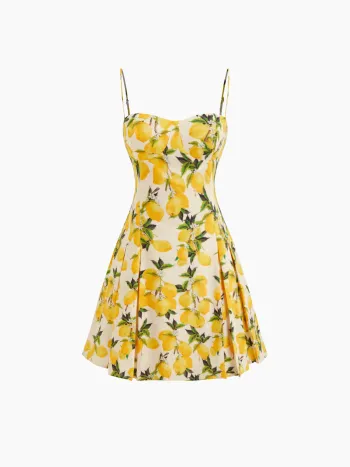 Cotton Sweetheart Neckline Lemon Lace Up Mini Dress