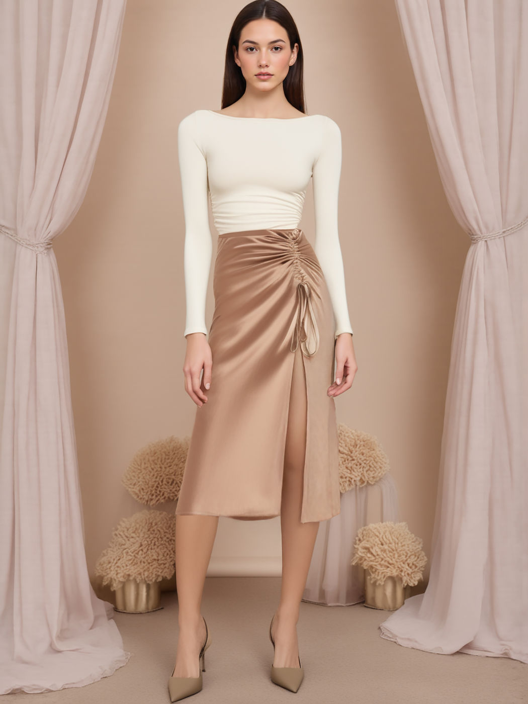 Satin-Midi-Skirt mit Reißverschluss und Schlitz