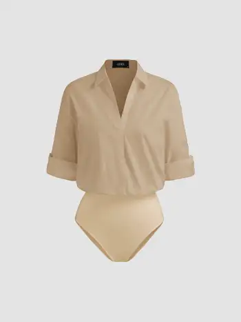 Woven Collar Twist Oversized Shirt Bodysuit For Work