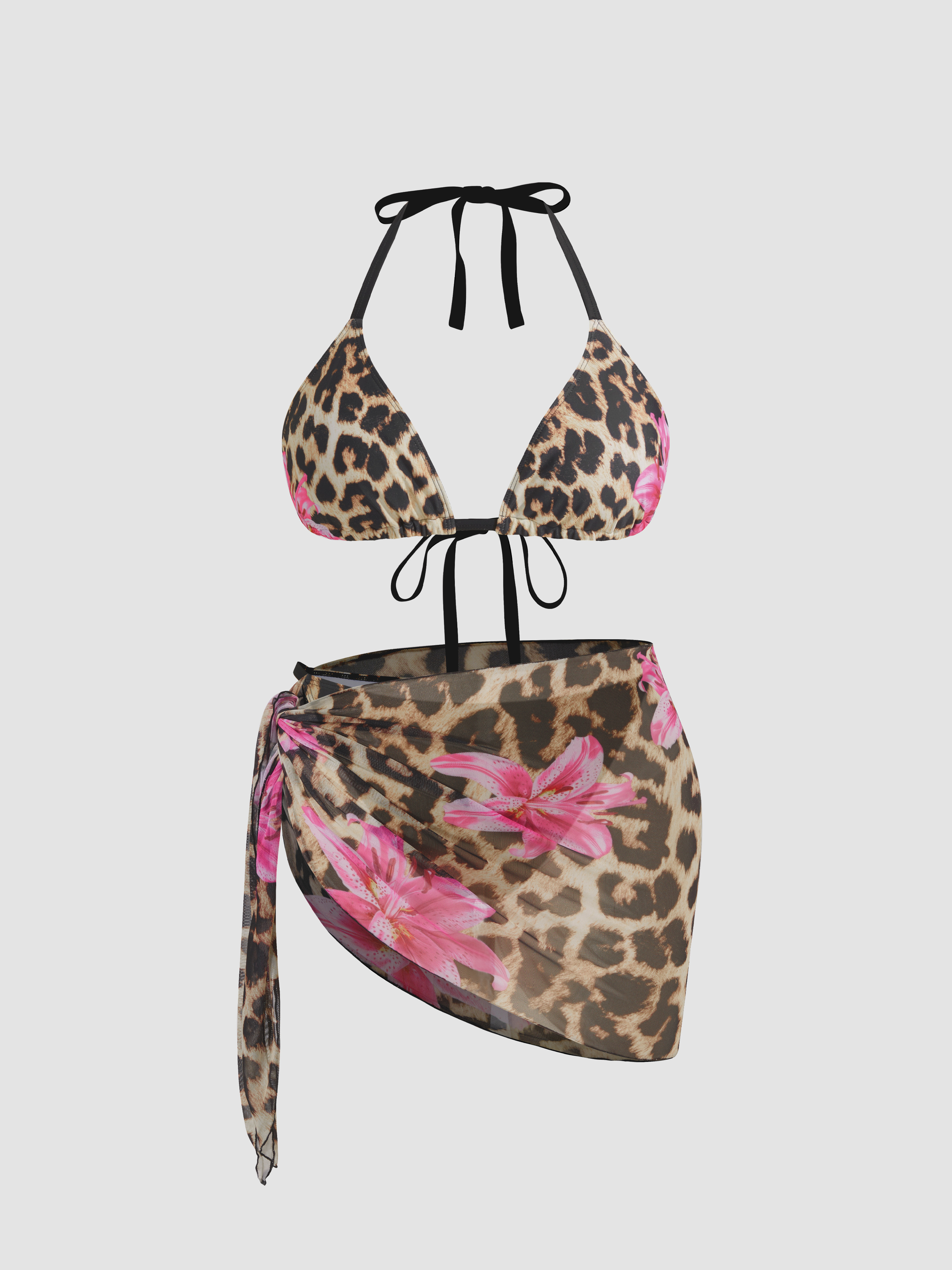 V-neck Floral Leopard Halter Cheeky Bikini Set With Sarong Curve & Plus