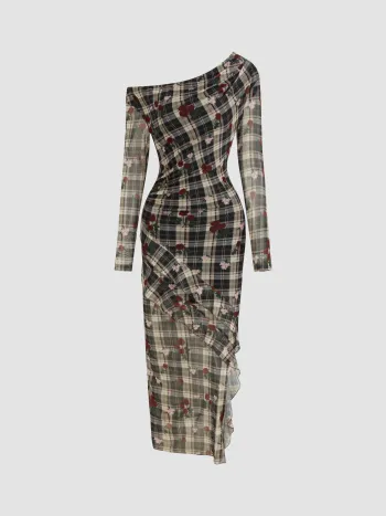 Mesh Asymmetrical Neck Floral Checks Ruffle Hem Maxi Dress