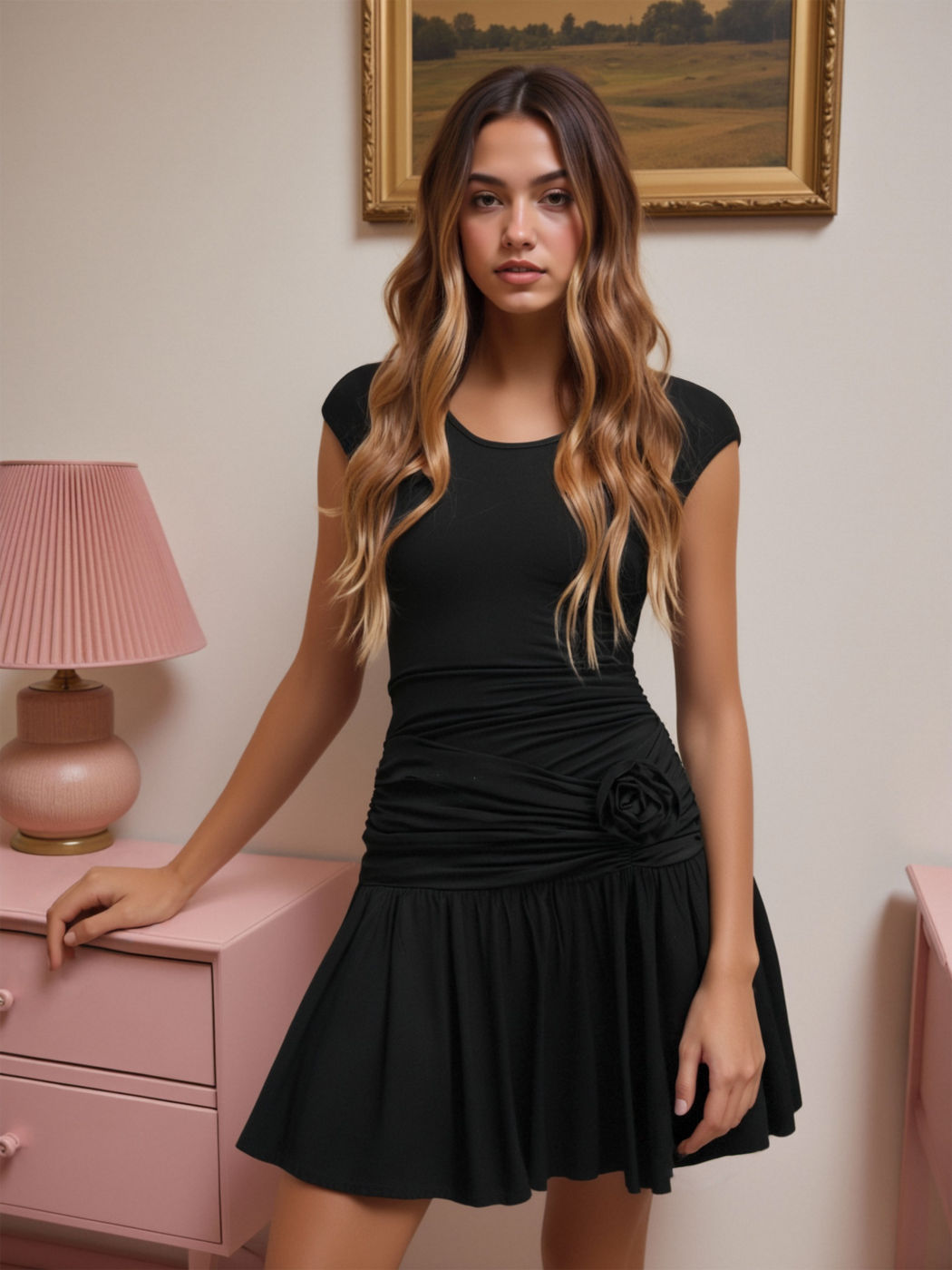 Round Neck Solid Rosette Mini Dress