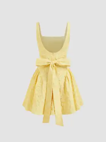 Jacquard U-neckline Floral Backless Bowknot Mini Dress