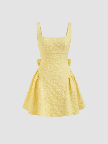 Jacquard U-neckline Floral Backless Bowknot Mini Dress