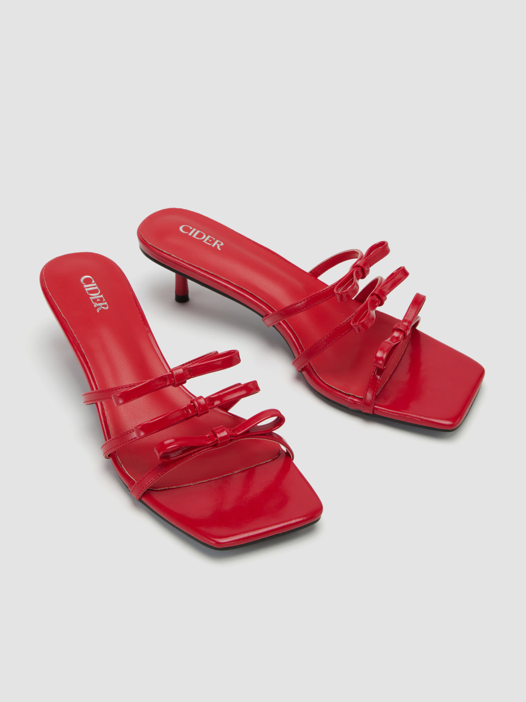 TRIPLE BOW STRAP SQUARE TOE MID HEEL FAUX LEATHER SANDALS