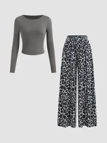 U-neckline Bodysuit & Elastic Waist Wide Leg Pants Set