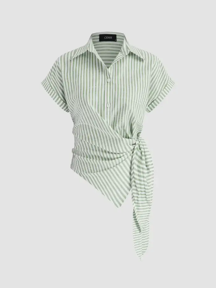 Cotton-blend Polo Stripes Knotted Short Sleeve Shirt