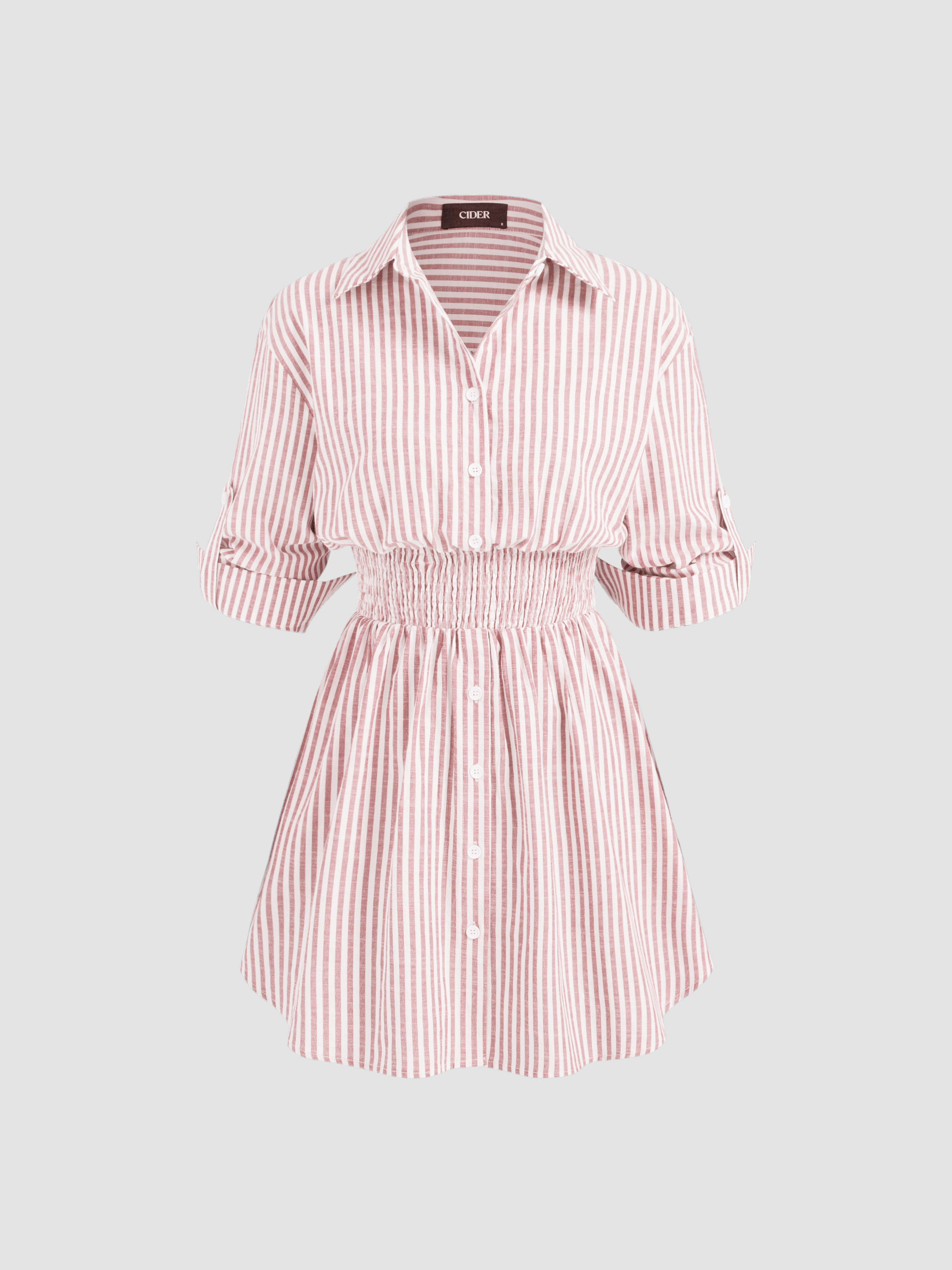 Cider◆コットン混◆ストライプ◆シャーリング◆シャツ◆ドレス Woven Cotton-blend Collar Striped Shirred Button Mini Shirt